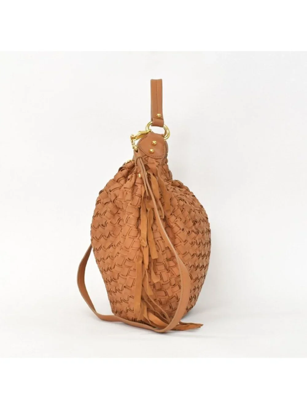 Miu Miu Intrecciato 2-Way Leather Shoulder Fringe Hobo Brown Lambskin Gold